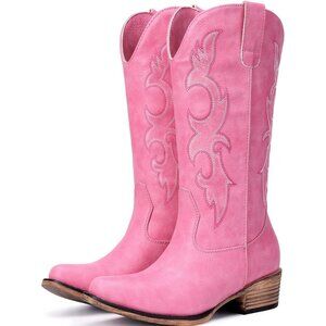 Women 's pink Embroidered Cowgirl Fashion  Chunky Heel Western Boots Mid Calf